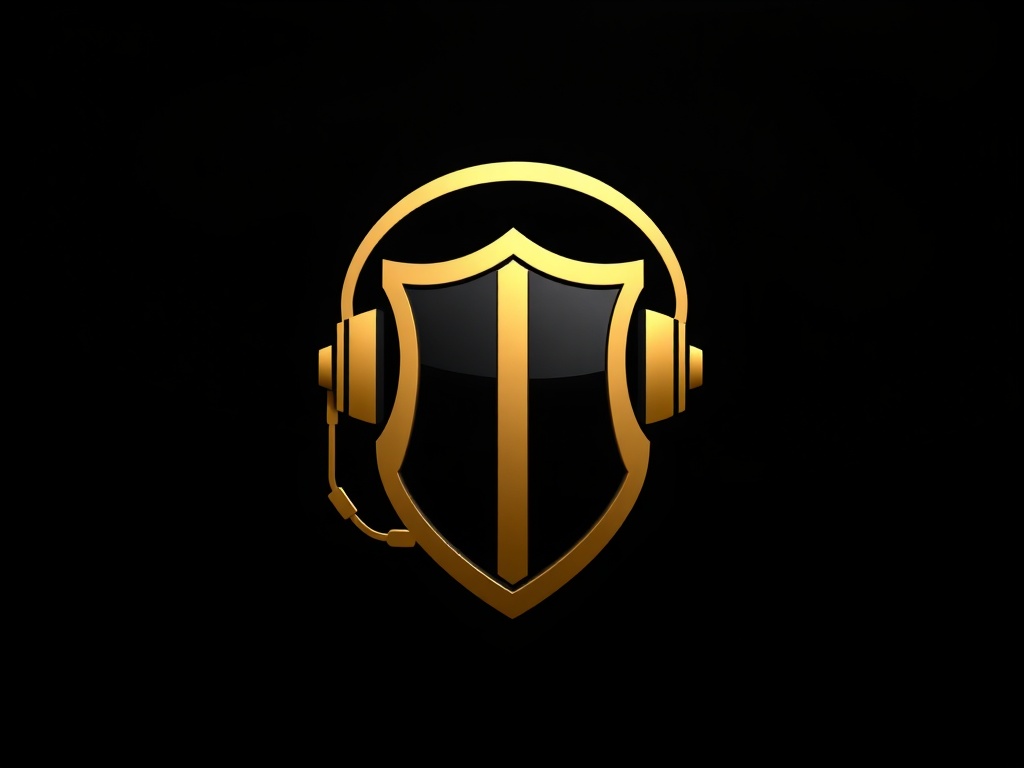 A stylized emblem combining a headset and a shield, gold and black, on a dark background, 8k, commercial photography style.